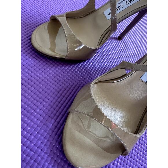 $850 Jimmy Choo Sandals Beige Patent leather Heels Size 37.5 NEW Made in Italy - Picture 2 of 14
